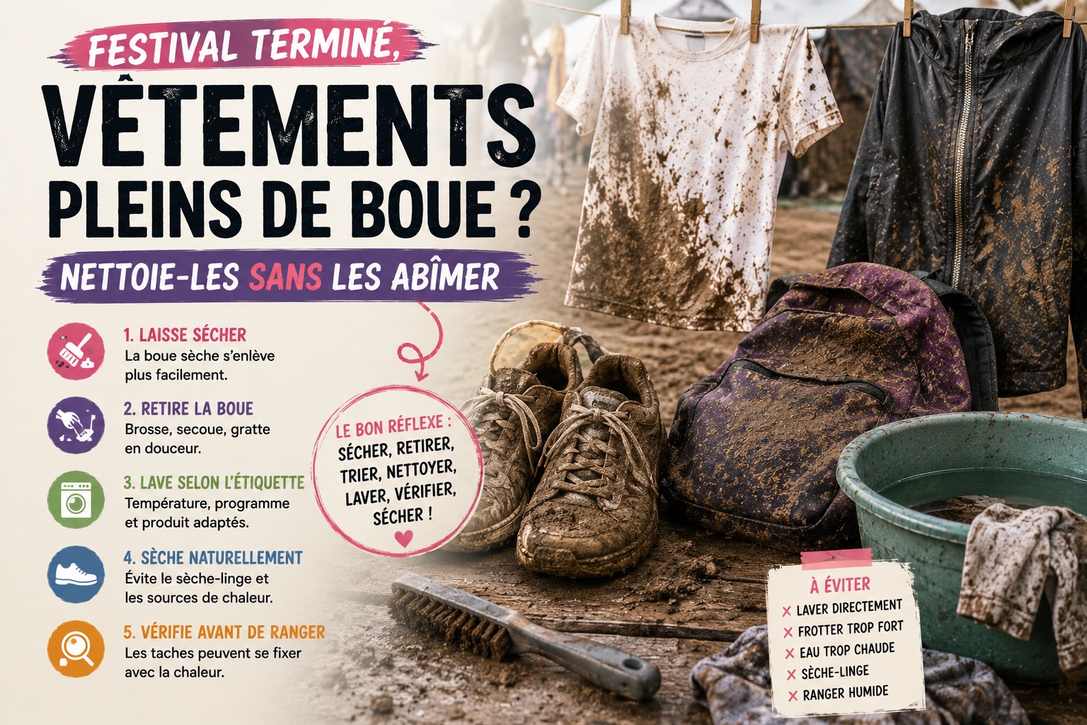 comment nettoyer ses vêtements plein de boue après un festival