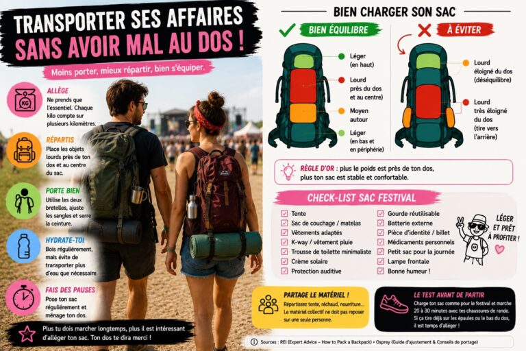 porter ses affaires sans avoir mal au dos en festival