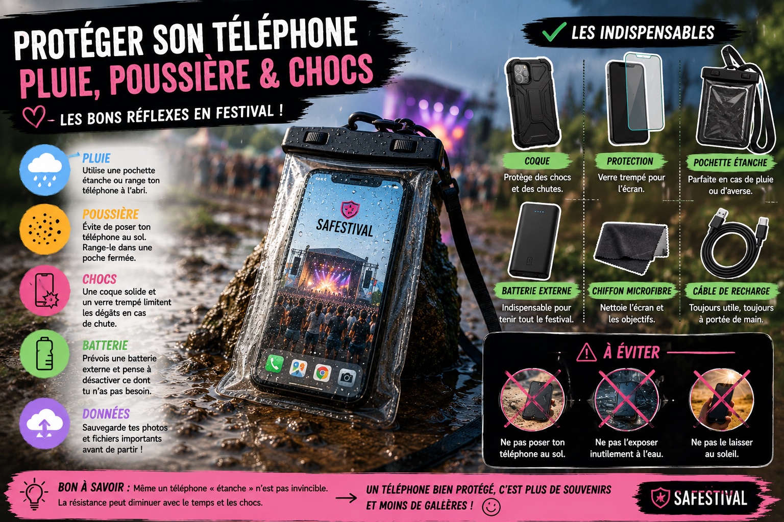 protéger son téléphone de la poussières et des chocs en festival